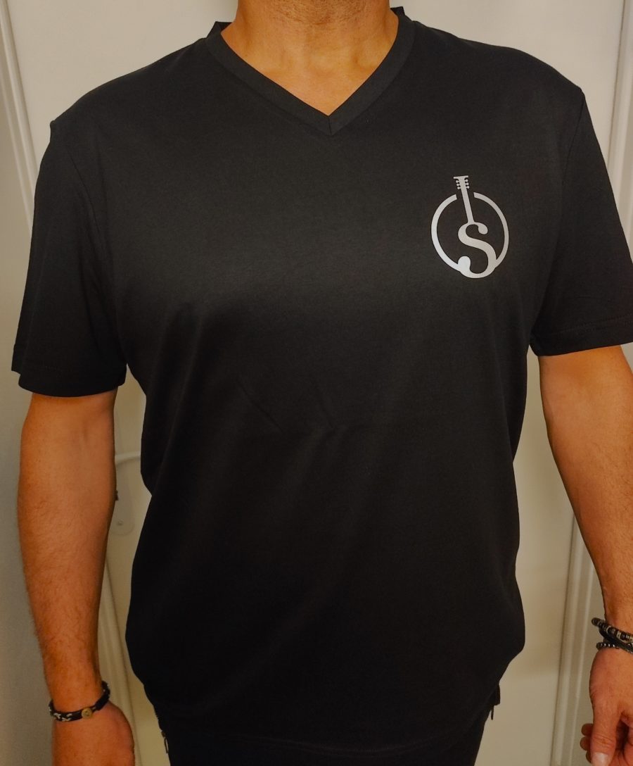 T-shirt homme/mixte, col V noir et argent